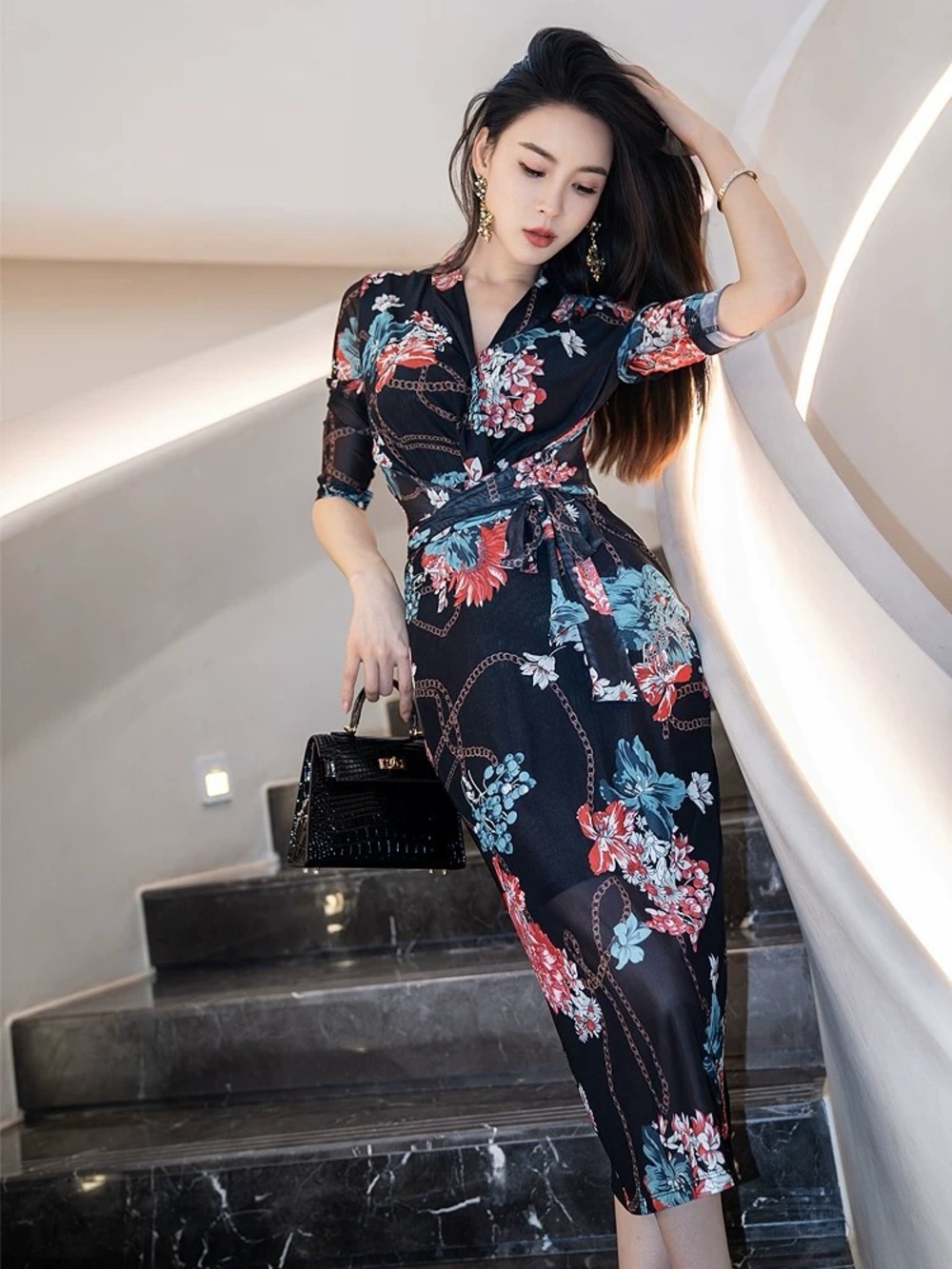 Floral Wrap Midi Dress in Black with Red & Blue Accents